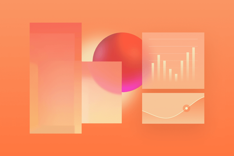 Abstract data visualization with charts, geometric shapes, and a glowing sphere in an orange gradient.