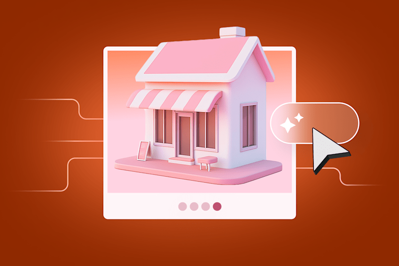 3D illustration of a small, pink storefront with striped awning, displayed on a digital card interface with a large cursor icon pointing to a sparkly button.