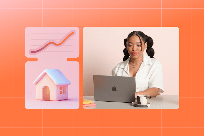 young woman sitting at a desk using a laptop, next to an icon of a house and a rising graph symbolizing growth and success.
