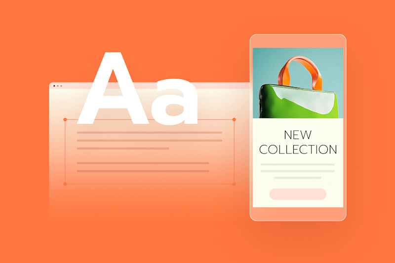 A bold "Aa" typography next to a mobile mockup displaying a stylish green handbag with the text "New Collection"