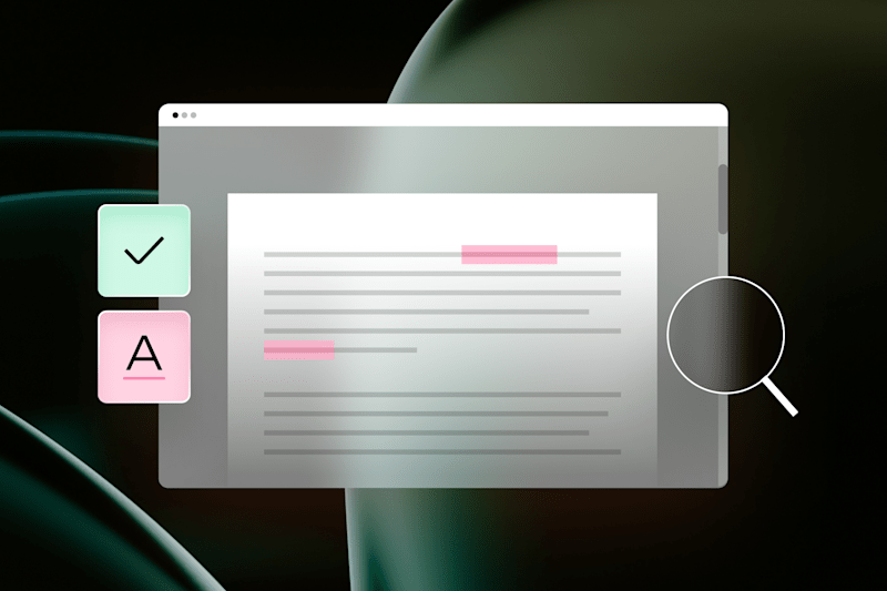 A proofreading interface on a digital screen with magnified text, highlighted areas, and editing tools, representing document review