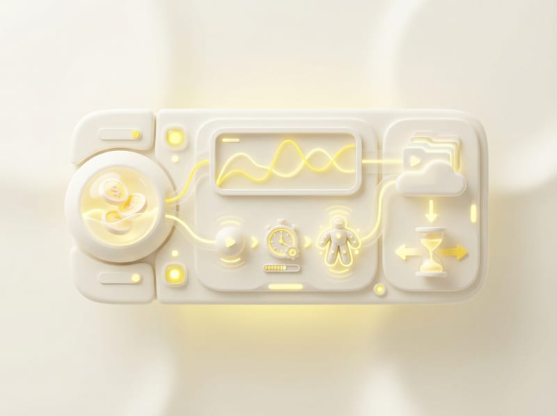 Abstract glowing white-and-yellow interface with icons for coins, data waves, time, cloud, and process flow.