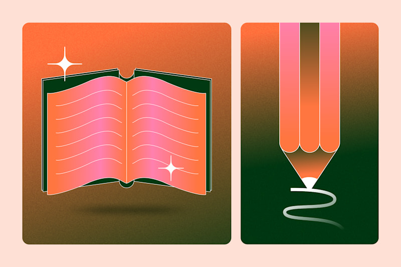 Stylized illustration of an open book and a pencil on a gradient background with green, orange, and pink tones