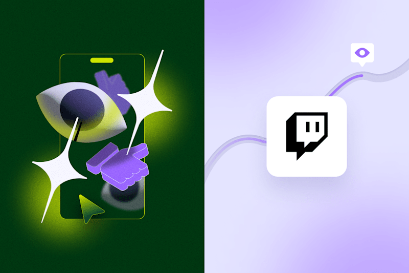 Stylized eye and thumbs-up with sparkles on a dark green background, next to the Twitch logo on a soft purple background