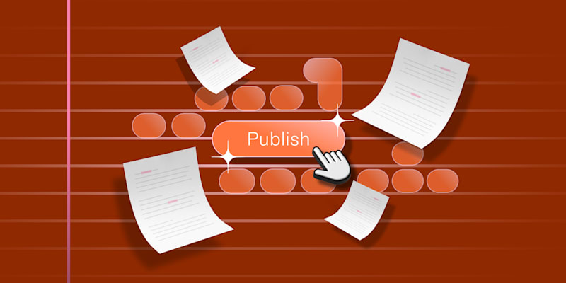 A cursor clicking a 'Publish' button on a keyboard with papers flying around, symbolizing the action of publishing content