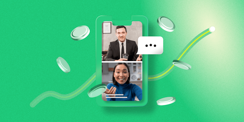 Two people on a video call displayed on a smartphone screen, with a chat bubble and floating coins on a green background