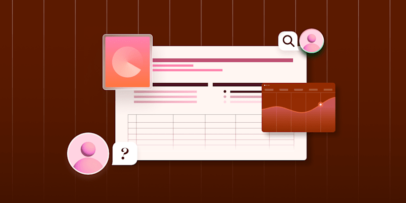 Abstract illustration of a data entry interface with graphs, user icons, and a table on a brown background
