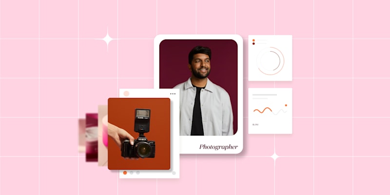 Collage of a smiling photographer's portrait, a hand holding a camera, and minimal data charts, set against a pink grid background