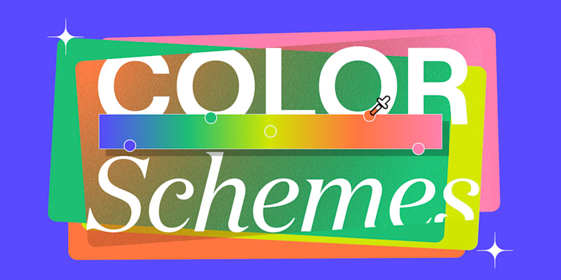 A colorful graphic with the words 'COLOR Schemes' layered over a rainbow gradient bar, showcasing a spectrum of colors