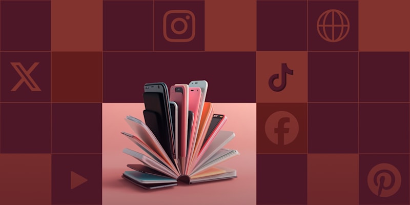 social media book promotion An illustration of a book with smartphones popping out as pages, set against a maroon background with social media icons