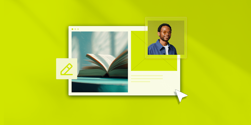 author websites article - featured image A digital interface with an open book on a table as the main image, a pencil icon, and a cursor pointing, set against a light green background