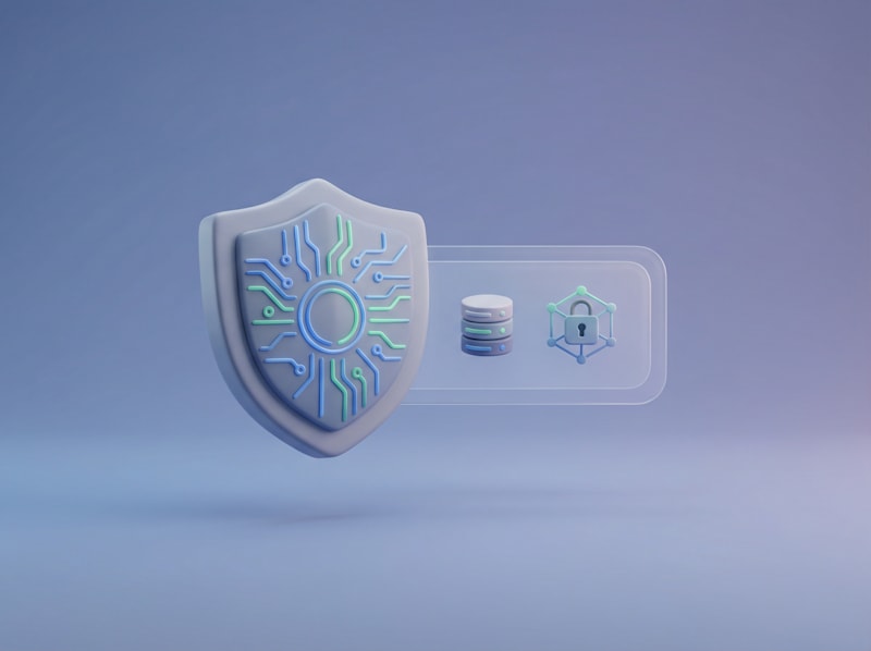 3D illustration of a digital security shield with circuit patterns, connected to database and encrypted network icons