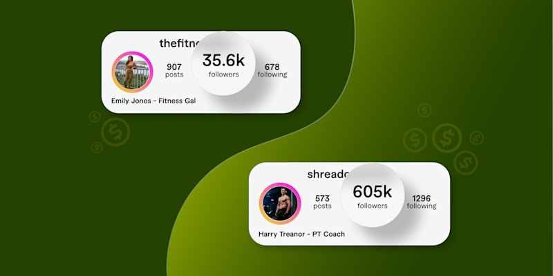 Two profiles, one micro-influencer with 35.6K followers and the another macro-influencer with 605K, shown on a green background with dollar signs
