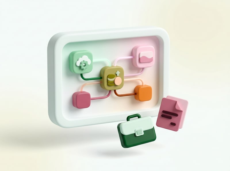 3D workflow diagram with connected process blocks, cloud and finance icons, and task elements