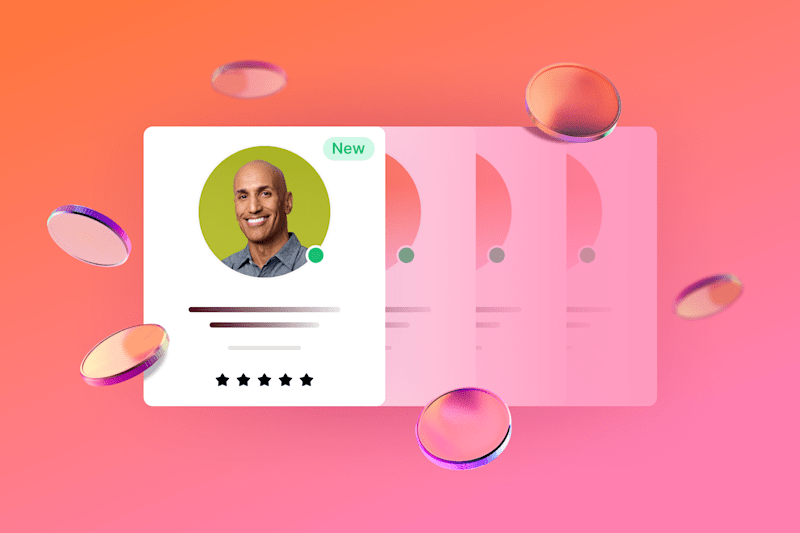 a profile card of a smiling man with a green "New" label, star rating, and text details, layered over similar pink cards with floating coins around the image