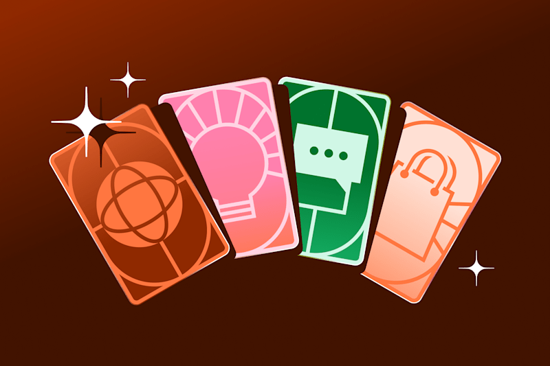 Four colorful, stylized cards with icons representing a globe, light bulb, chat message, and shopping bag, arranged in a fan layout with sparkles around them on a dark brown background.