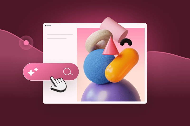 Abstract 3D shapes in a web browser window with a search button and cursor on a pink gradient background.