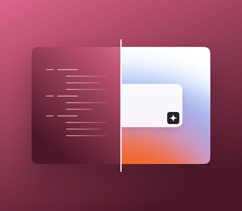 Split-screen illustration showing a text-filled panel on the left and a modern UI card with a sparkle icon on the right against a warm gradient background.