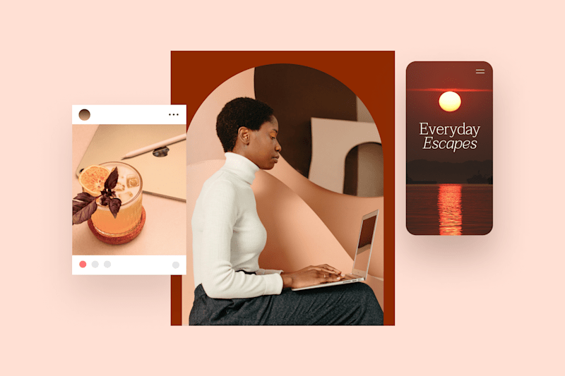 A woman working on a laptop, a drink, and a sunset on a phone screen, blending work and relaxation