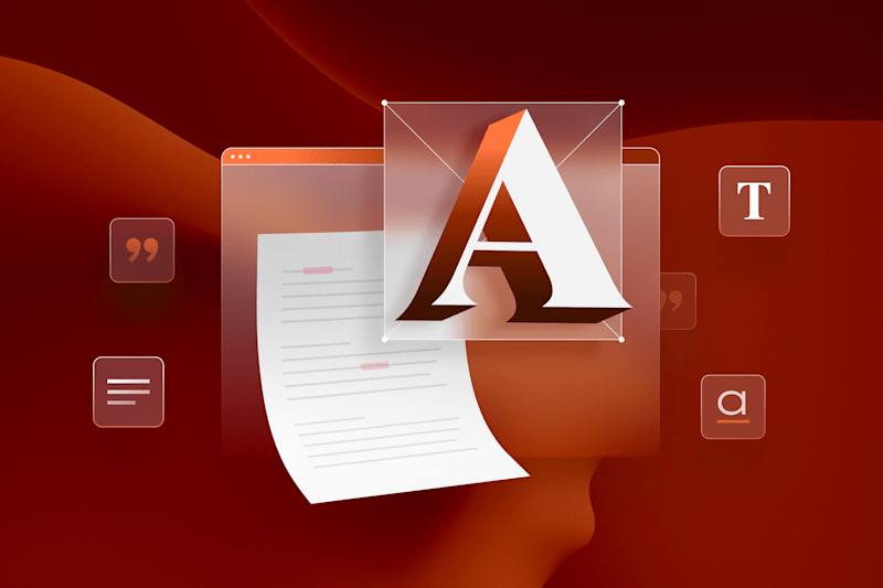 A bold, stylized letter "A" layered over a digital document with marked edits, symbolizing typography and proofreading