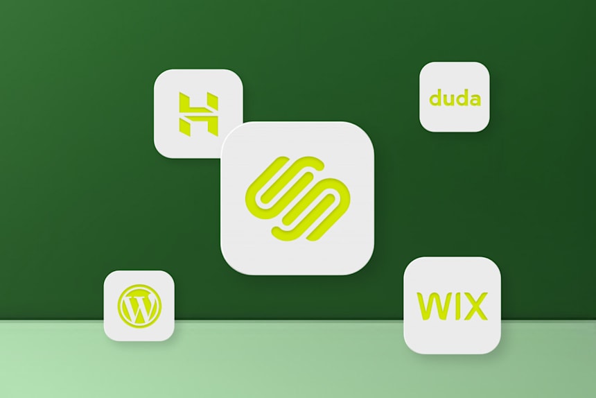 Logos of popular website builders including Squarespace, Wix, Duda, WordPress, and HostGator on a green background