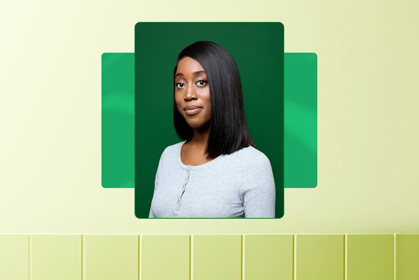 Professional portrait of woman with dark hair on layered green and yellow background