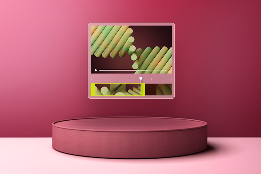Video player interface displaying colorful abstract shapes on a pink background with a timeline preview.
