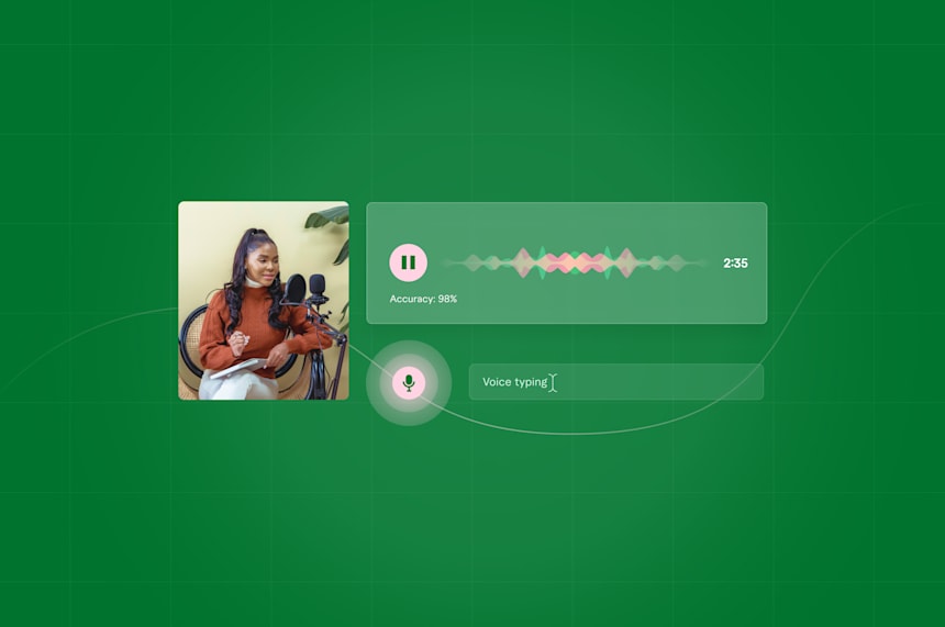 Voice recording and transcription interface showing a person speaking into a microphone, waveforms, and accuracy indicator on a green background.