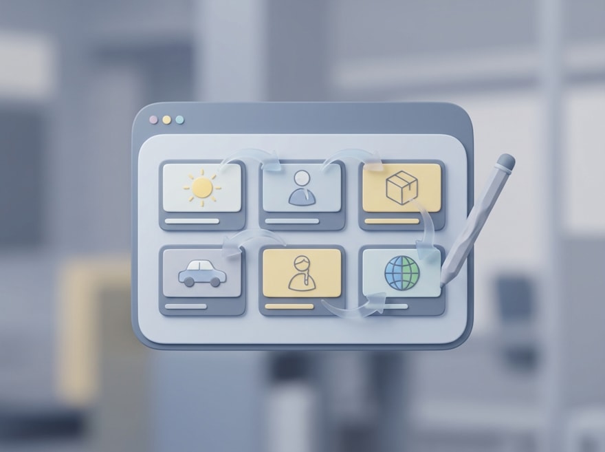 3D illustration of a storyboard-style tablet interface with category icons, rotation arrows, and a stylus