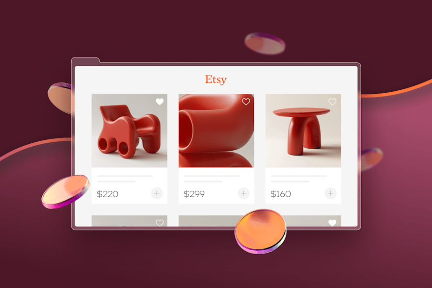 All about Etsy Illustrated Etsy storefront featuring red sculptural furniture pieces.