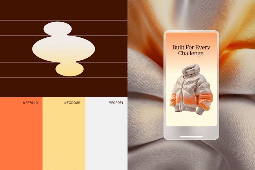 Branding: Modern product ad showing a puffer jacket on a phone screen, with fabric texture background and color palette