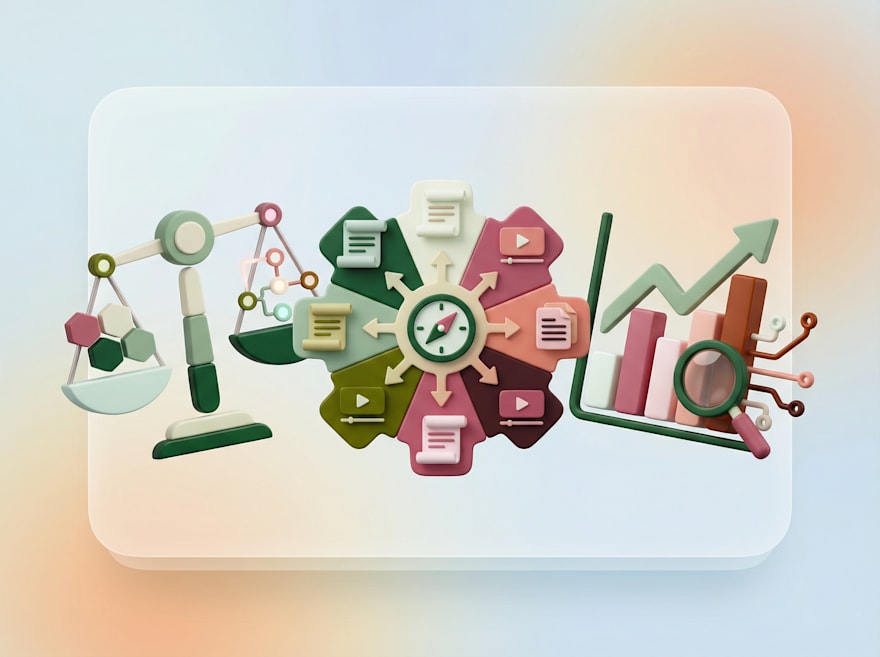 3D illustration of a strategic workflow with a balance scale, central planning wheel, and growth chart
