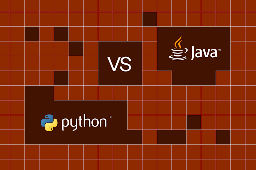 Python vs Java comparison graphic on a red grid background