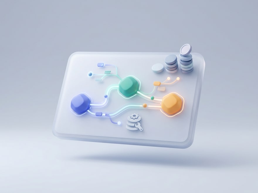 3D card with connected blue, teal, and yellow nodes, a gear icon, and a database stack