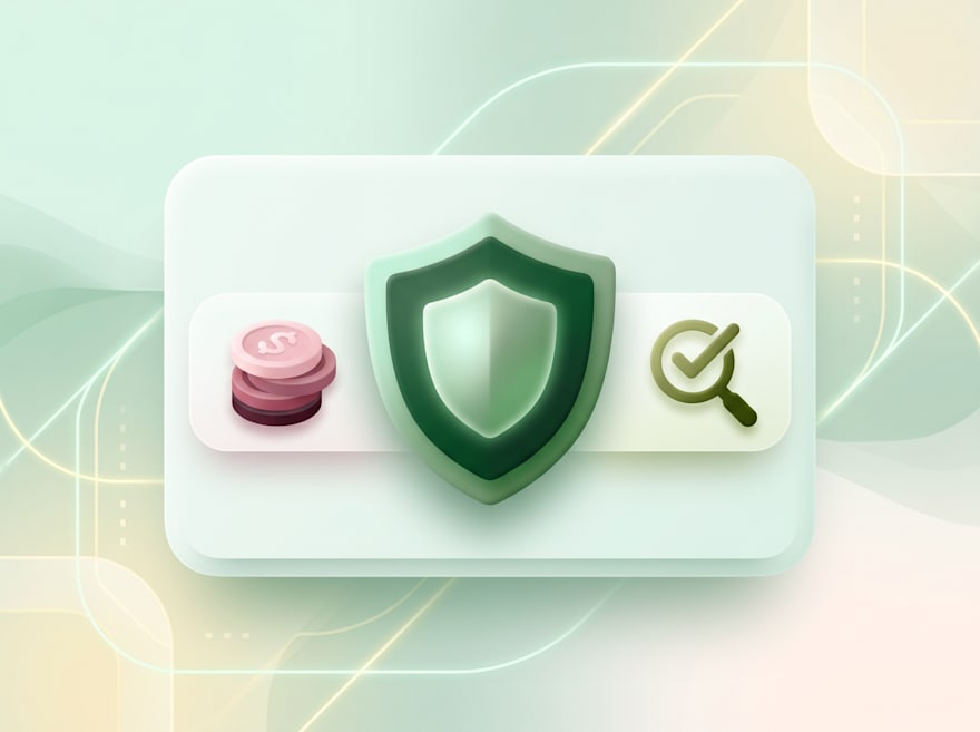 3D card with a coin stack, security shield, and verified search icon