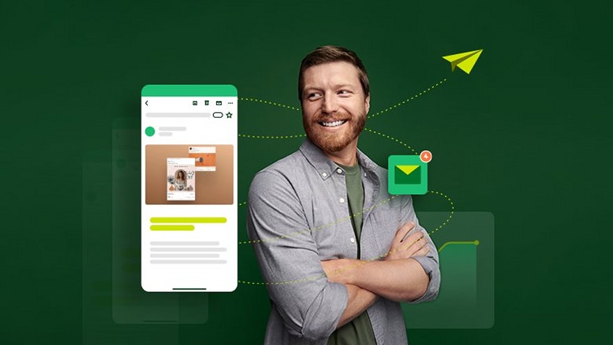 A guy crossing his hands smiling looking sideways with an email icon and pop up on a green background