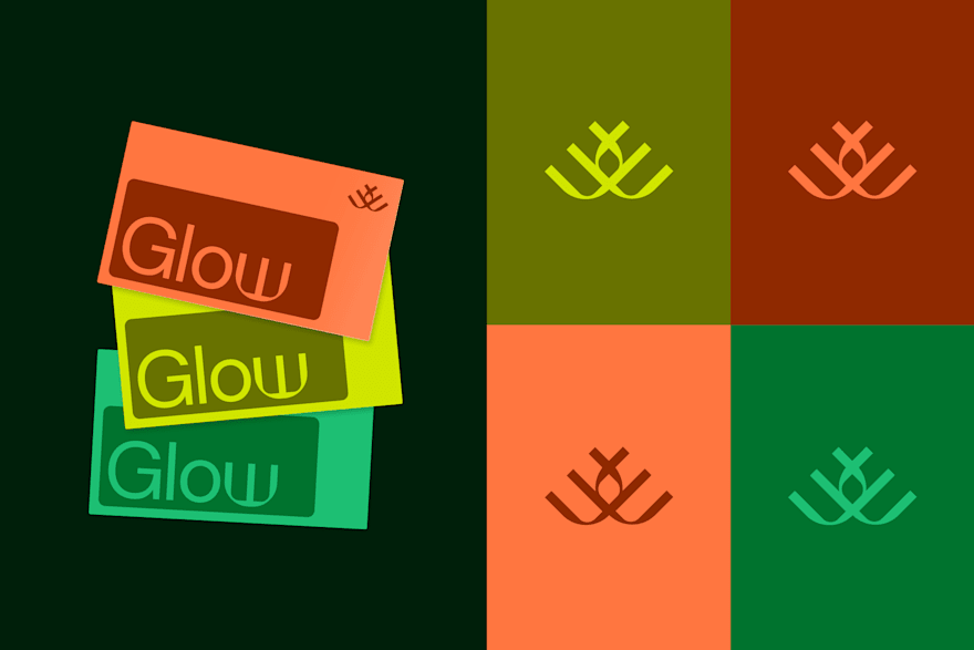 Colorful typography and logo design concept featuring the word 'Glow' and abstract symbols in various color schemes.