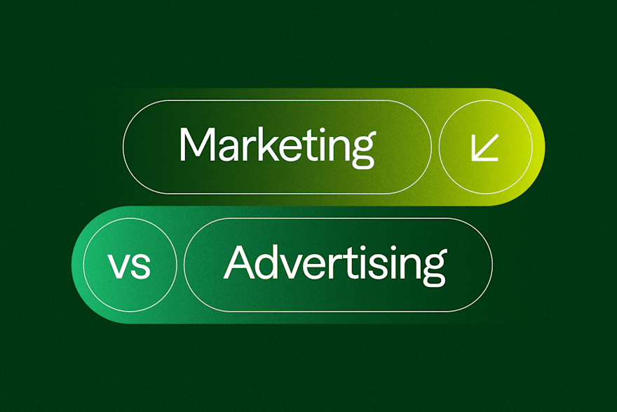 Stylized comparison of marketing vs advertising with gradient green buttons on a dark green background