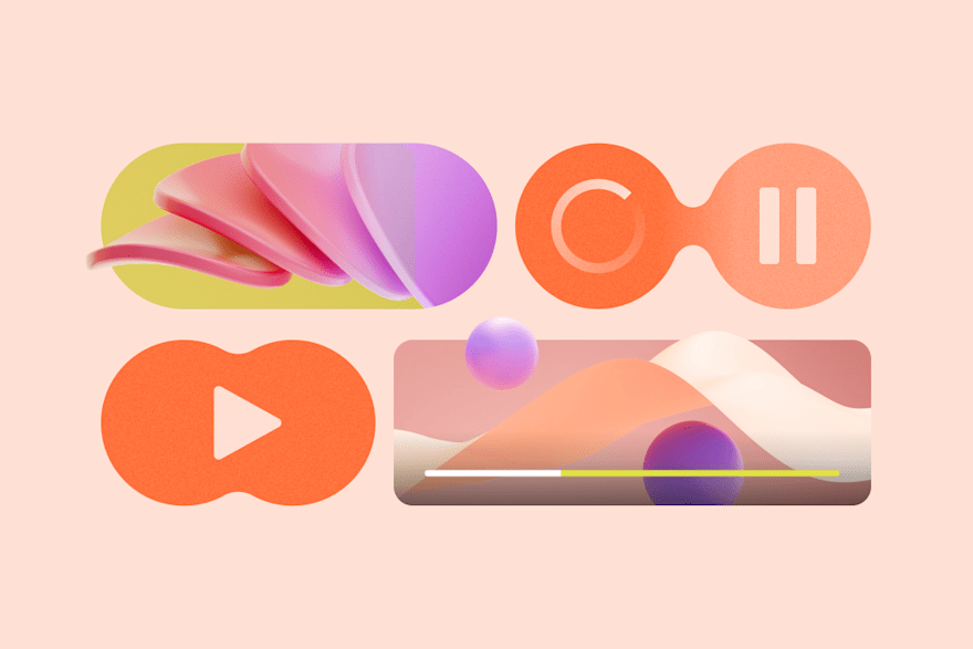 Abstract multimedia controls illustration featuring play, pause, and progress bar icons with vibrant 3D shapes and gradients