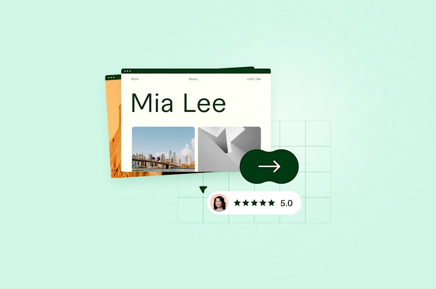 Profile page mockup for 'Mia Lee' with a cityscape image, a rating badge, and an arrow button on a green background.