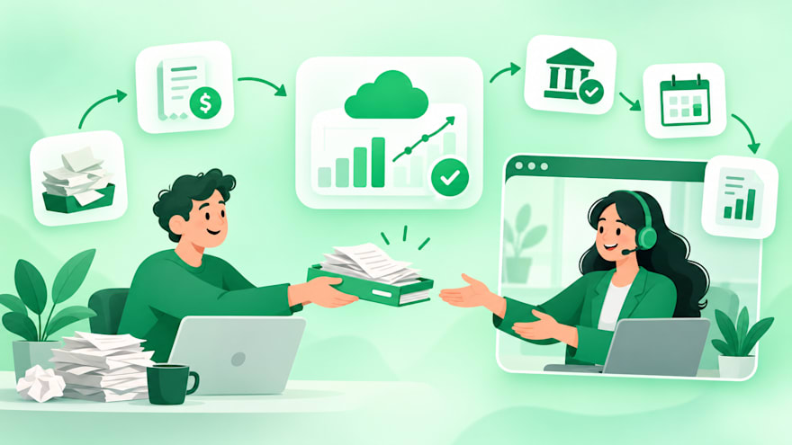 A small business owner handing receipts to a remote bookkeeper who manages the books in a shared cloud accounting dashboard