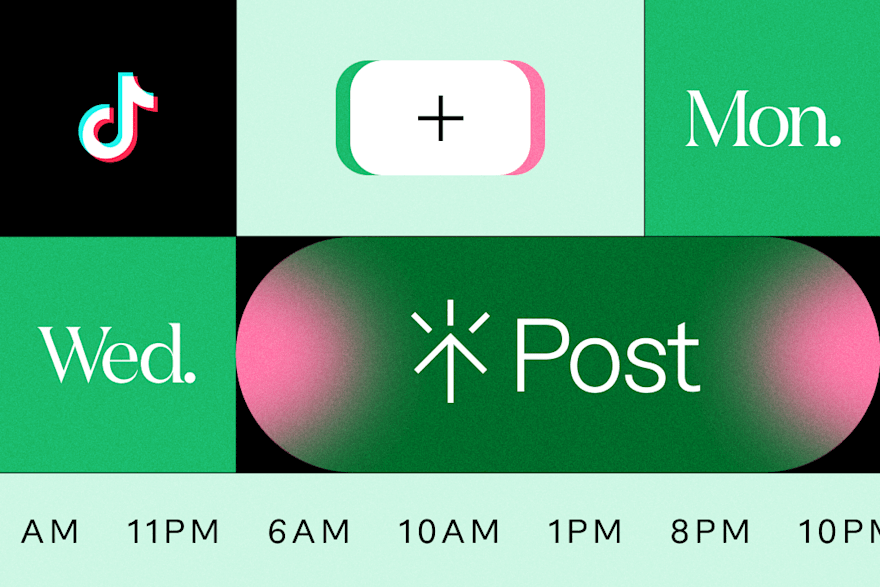 Optimal TikTok posting times with days like Monday and Wednesday, a TikTok logo, and a 'Post' button on a gradient background