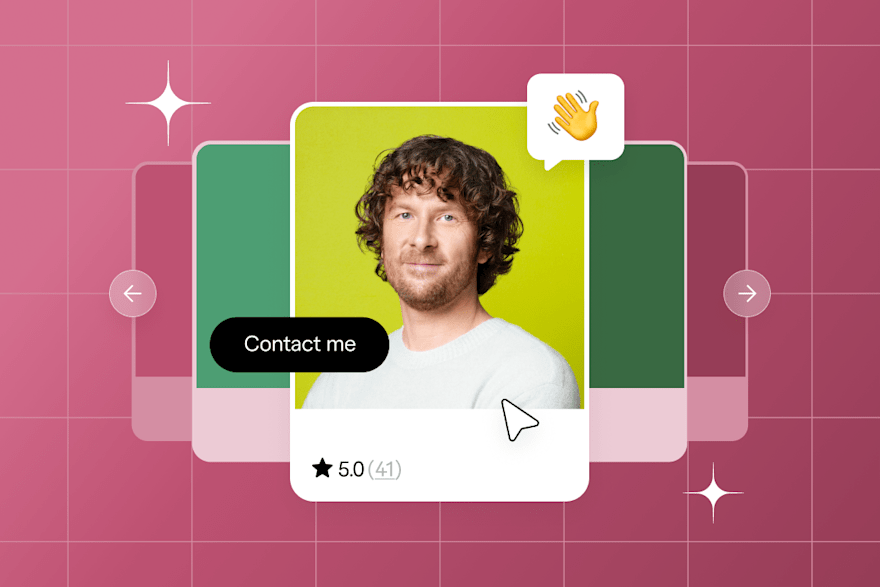 Profile card of a person with a 'Contact me' button, star rating, and waving hand emoji on a colorful background