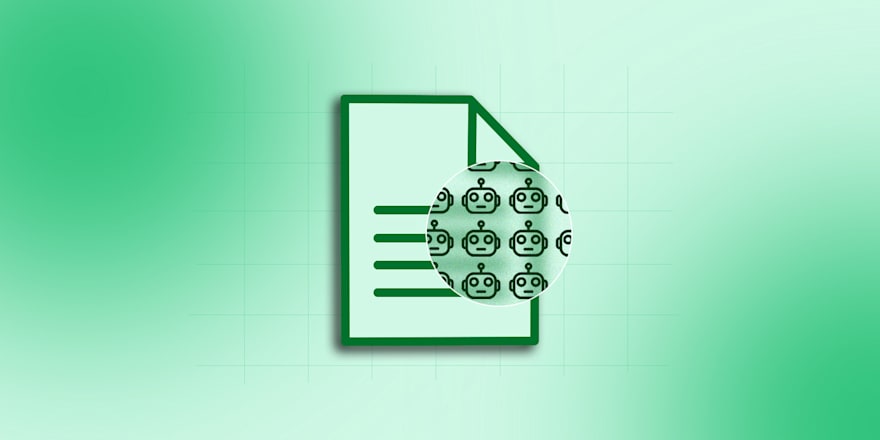 Illustration of a document icon with a magnified section showing robot icons on a green gradient background