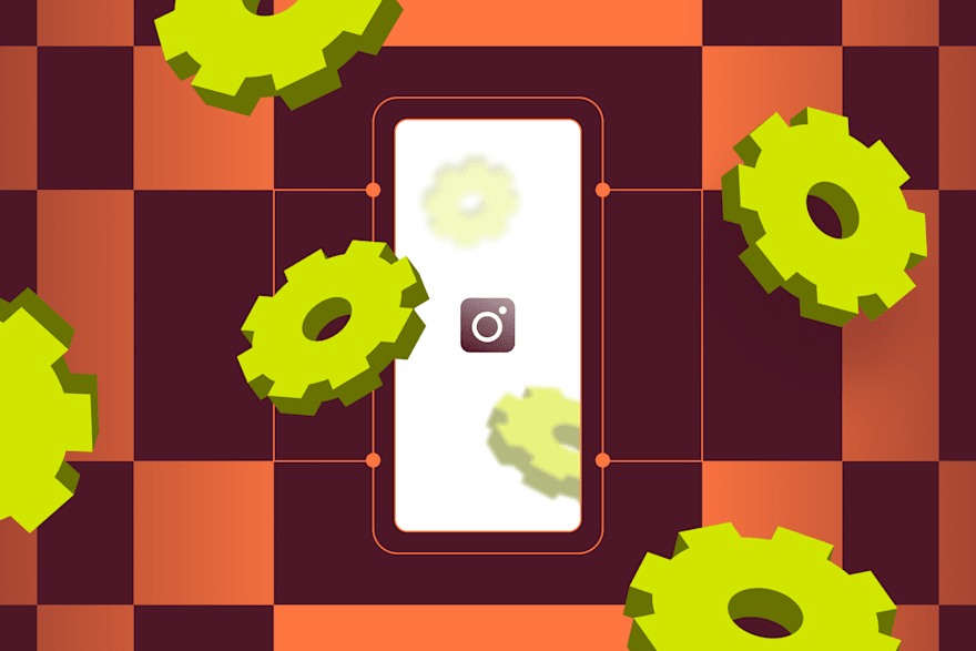 A smartphone displaying the Instagram icon, surrounded by green gears on a checkered background.