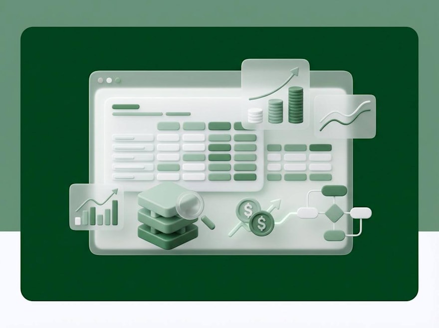 3D illustration of an interface with data tables, growth charts, revenue metrics, and workflow elements