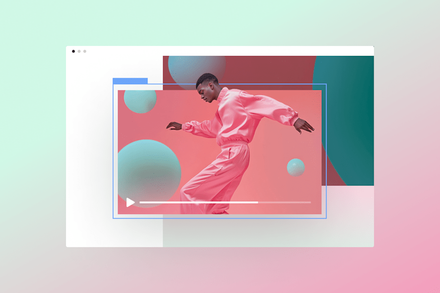 Stylish man in pink outfit posing in a digital video player interface with abstract 3D elements.