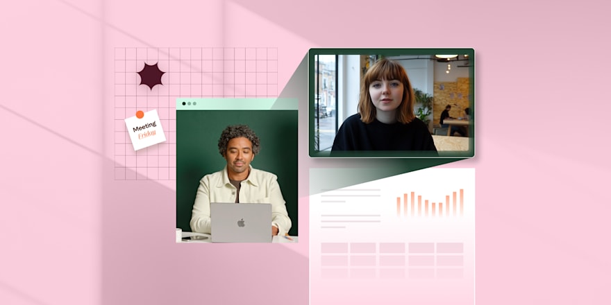 What is a virtual office? Two people in a video call, with charts and sticky notes in the background.