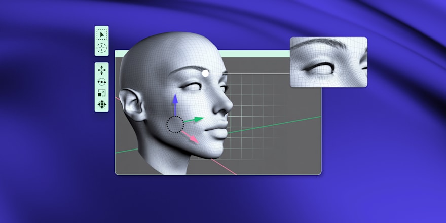 a wireframe of a face in a 3D modeling interface on a blue background