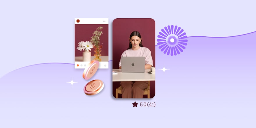 How to use your skills to start a business A woman working on a laptop, with money icons and a vase of flowers in the background